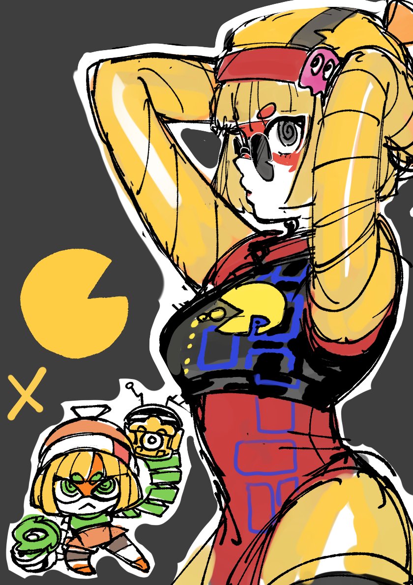 1girl @_@ arms_(game) arms_up beanie blonde_hair bob_cut colored_extremities dancho_no_mori domino_mask green_eyes hat mask min_min_(arms) pac-man pac-man_(game) short_hair