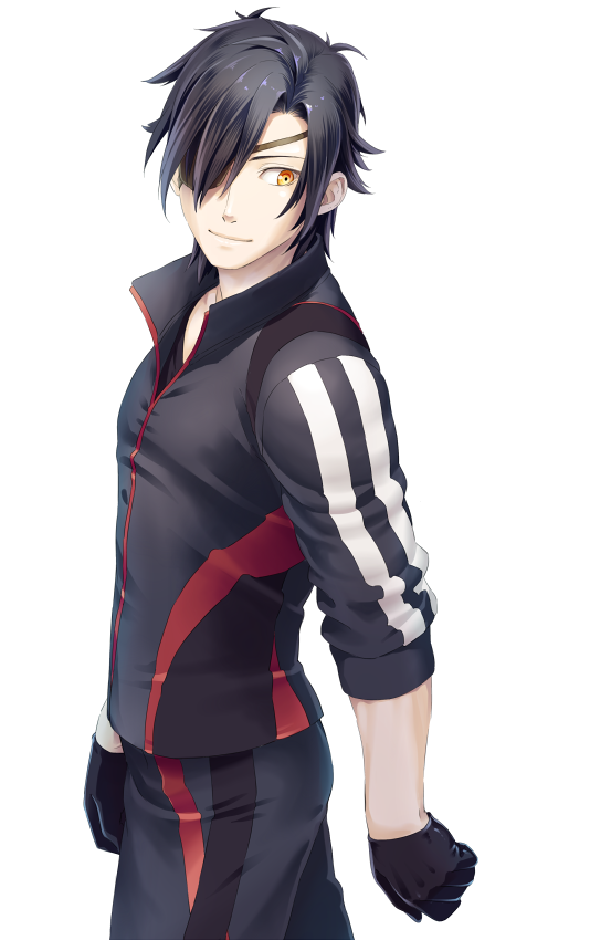 1boy black_gloves black_hair black_jacket black_pants black_shirt closed_mouth eyepatch from_side gloves jacket leuco looking_to_the_side male_focus orange_eyes pants shirt shokudaikiri_mitsutada simple_background solo touken_ranbu track_jacket track_pants track_suit upper_body white_background