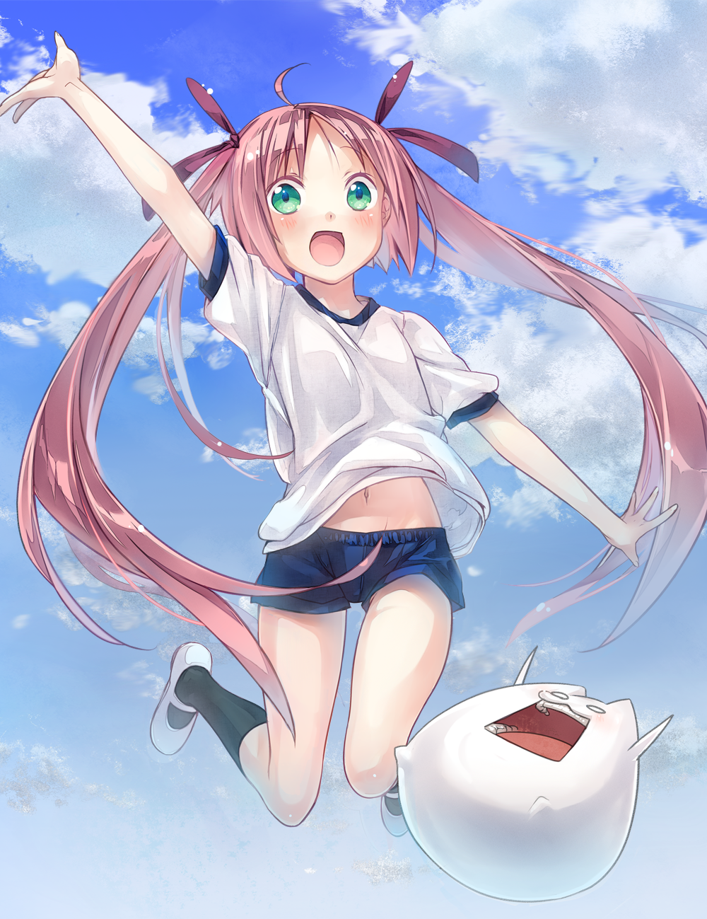 1girl :d ahoge bad_id bad_pixiv_id cloud day dekatanaba green_eyes gym_uniform hair_ornament hair_ribbon highres jumping long_hair looking_at_viewer midriff_peek navel open_mouth original pink_hair ribbon shorts sky smile twintails