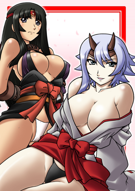 2girls adapted_uniform aqua_eyes black_hair blue_eyes breasts cleavage cosplay costume_switch harada_shoutarou headband horns japanese_clothes large_breasts light_purple_hair long_hair miko multiple_girls musha_miko_tomoe ninja queen&#039;s_blade shizuka_(queen&#039;s_blade) silver_hair tomoe_(queen&#039;s_blade) tomoe_(queen&#039;s_blade)