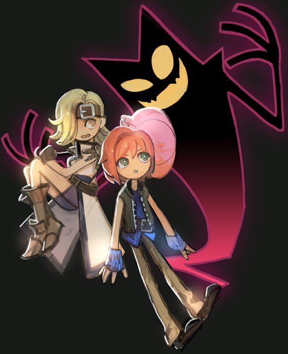 1boy 1girl belt bike_shorts blonde_hair boku_to_maou green_eyes jacket lord_stanley_hihat_trinidad_xiv open_mouth orange_hair rosalyn_(boku_to_maou) ruka_(boku_to_maou) sasumata_jirou shadow shirt short_hair simple_background sleeveless yellow_eyes