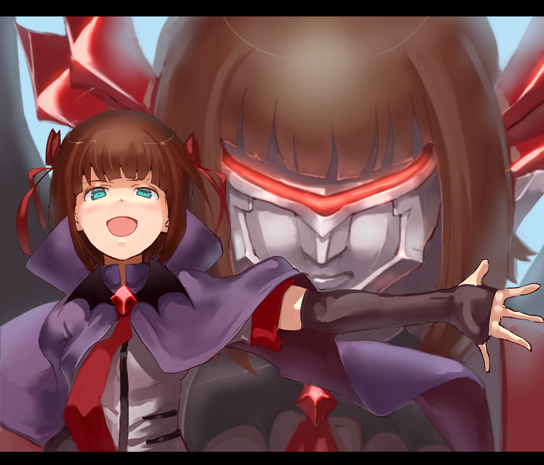 1girl :d amami_haruka aqua_eyes bow brown_hair cape dark_haruka elbow_gloves fingerless_gloves gloves harustein idolmaster idolmaster_(classic) jyon letterboxed mecha mujin_gattai_kisaragi necktie open_mouth outstretched_arm outstretched_hand robot smile