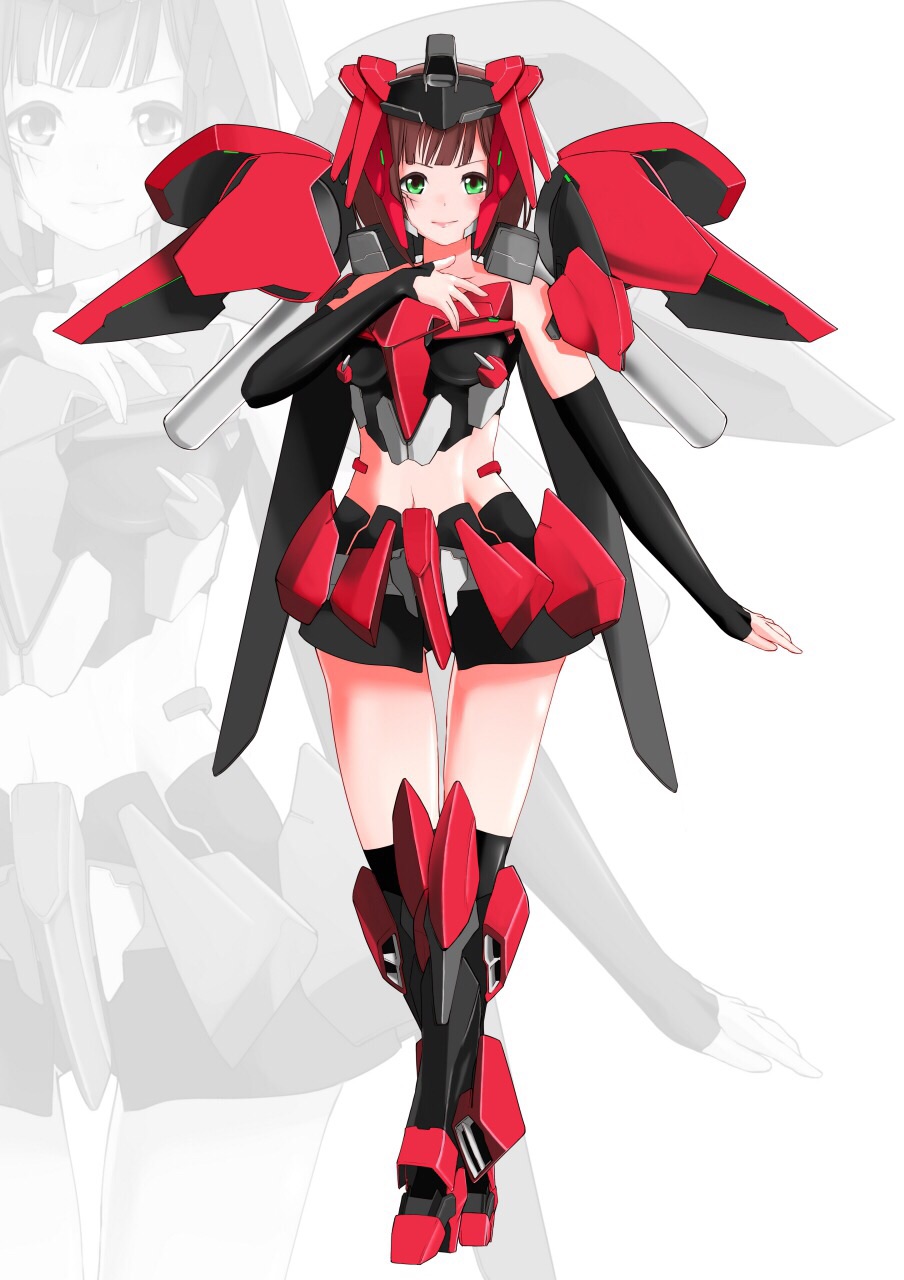 1girl amami_haruka armor blush boots brown_hair chris_ilst facepaint green_eyes hand_on_own_chest harustein highres idolmaster idolmaster_(classic) mecha_musume mechanical_legs mechabare mechanical_wings midriff miniskirt mujin_gattai_kisaragi pauldrons short_hair shoulder_armor skirt solo wings zoom_layer