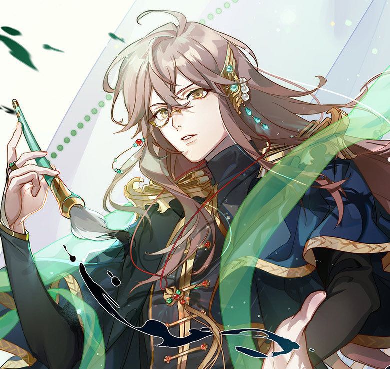 1boy beckoning black_bridal_gauntlets black_robe blue_capelet bridal_gauntlets brown_hair capelet chinese_clothes crossed_bangs green_shawl hair_between_eyes hair_ornament hanfu holding holding_paintbrush ink long_hair long_sleeves looking_at_viewer male_focus monocle paintbrush parted_lips robe sanmen see-through_clothes see-through_shawl shawl solo the_tale_of_food upper_body wing_hair_ornament yellow_eyes yipin_pot_(the_tale_of_food)