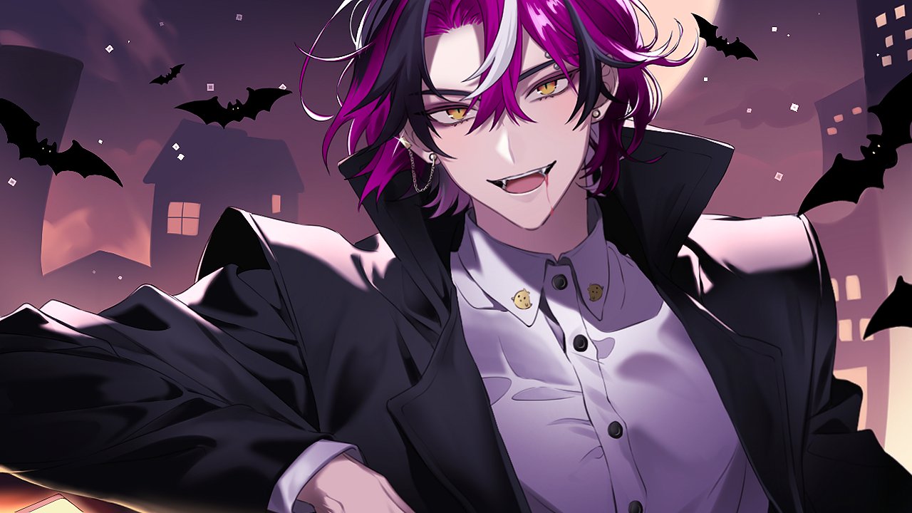 1boy alternate_costume arm_rest bat_(animal) black_hair blood blood_from_mouth building buttons cloud collared_jacket collared_shirt commentary doppio_dropscythe dress_shirt ear_chain earrings english_commentary fangs full_moon hair_between_eyes jacket jewelry lapels layered_sleeves long_sleeves looking_at_viewer male_focus moon nijisanji nijisanji_en open_clothes open_jacket owo_renren piercing popped_collar purple_hair shirt sky slit_pupils solo teeth upper_body upper_teeth_only vampire virtual_youtuber white_hair white_shirt wing_collar yellow_eyes