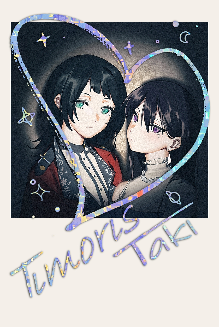 2girls bang_dream! bang_dream!_it&#039;s_mygo!!!!! black_hair blue_eyes capelet character_name chinese_commentary closed_mouth commentary_request cx6lc0 earrings fake_photograph hair_between_eyes highres jewelry long_hair medium_hair mole mole_under_eye multiple_girls necklace purple_eyes red_capelet shiina_taki timoris_(bang_dream!) yahata_umiri