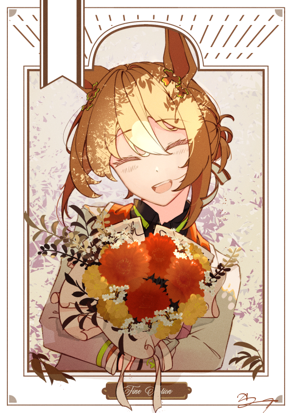 1girl animal_ears black_shirt blush bouquet brown_hair character_name closed_eyes clover_hair_ornament collared_shirt cursive ear_ornament fine_motion_(umamusume) flower grey_jacket hair_ornament holding holding_bouquet horse_ears horse_girl jacket medium_hair multicolored_hair open_mouth ponytail shikahisa_totani shirt short_ponytail signature smile solo teeth umamusume upper_teeth_only