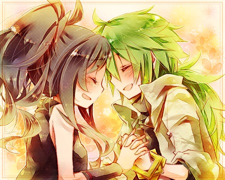 1boy 1girl amamiya_kabosu bad_id bad_pixiv_id bare_arms black_vest blush bracelet closed_eyes collared_shirt curly_hair from_side green_hair hilda_(pokemon) holding_hands jewelry long_hair lowres n_(pokemon) nintendo open_mouth pokemon pokemon_bw ponytail shirt smile vest wavy_hair