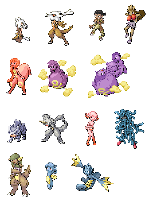 6+girls akai_(ugokashitari) all_fours animalization ball bone boxing_gloves chansey commentary_request conjoined cubone full_body gen_1_pokemon gender_request genderswap helmet hitmonchan hitmonlee horsea kangaskhan koffing lickitung marowak monster_girl multiple_girls nintendo parent_and_child personification pixel_art pokemon rhydon rhyhorn seadra smoke standing tangela tentacles tongue tongue_out transparent_background weezing white_background wings