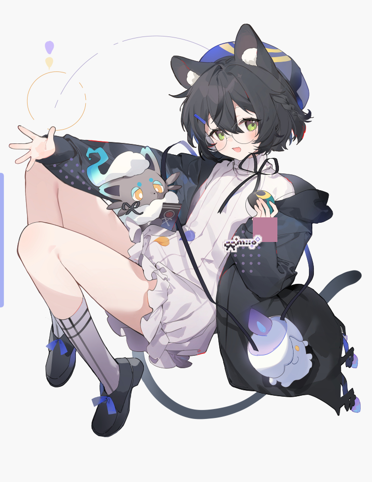 1girl animal_ear_fluff animal_ears arin_(fanfan013) bag beret black_hair black_jacket black_tail blue_hat blush braid character_request commission dress eyelashes full_body glasses green_eyes hair_between_eyes hair_ornament hairpin hat holding jacket kneehighs long_sleeves looking_at_viewer nintendo open_hand open_mouth pokemon round_eyewear screentones shoes short_hair socks solo tail white_background white_dress white_socks