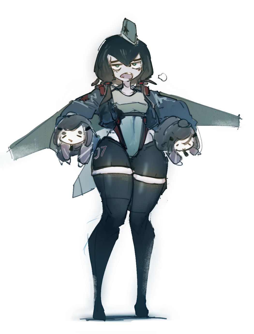 1girl aircraft airplane beret black_hair carrying carrying_under_arm curvy fighter_jet ftsagy full_body hat highres jacket leotard military_hat military_vehicle non-web_source original personification russian_air_force short_twintails standing su-35 thick_thighs thighhighs thighs twintails