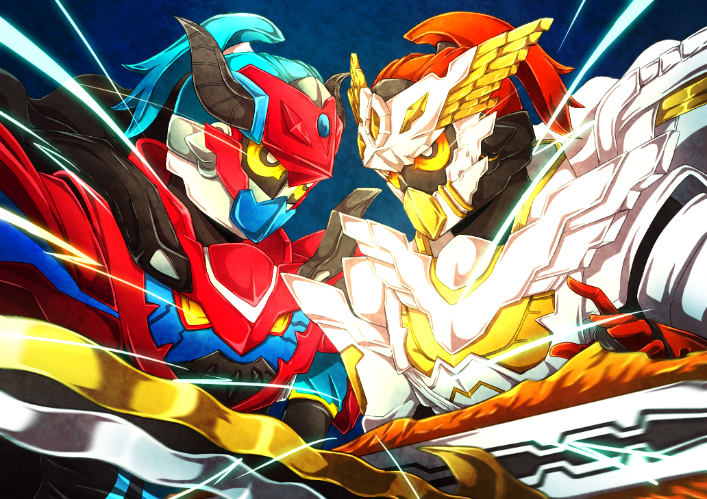 2boys armor bad_id bad_pixiv_id dark_persona demon_horns dual_persona head_wings helmet horns kamen_rider kamen_rider_brave kamen_rider_ex-aid_(series) kamen_rider_true_brave looking_at_another male_focus multiple_boys rei_(k-meteor-0427) sword taddle_fantasy_level_50 taddle_legacy_level_50 weapon wings yellow_eyes