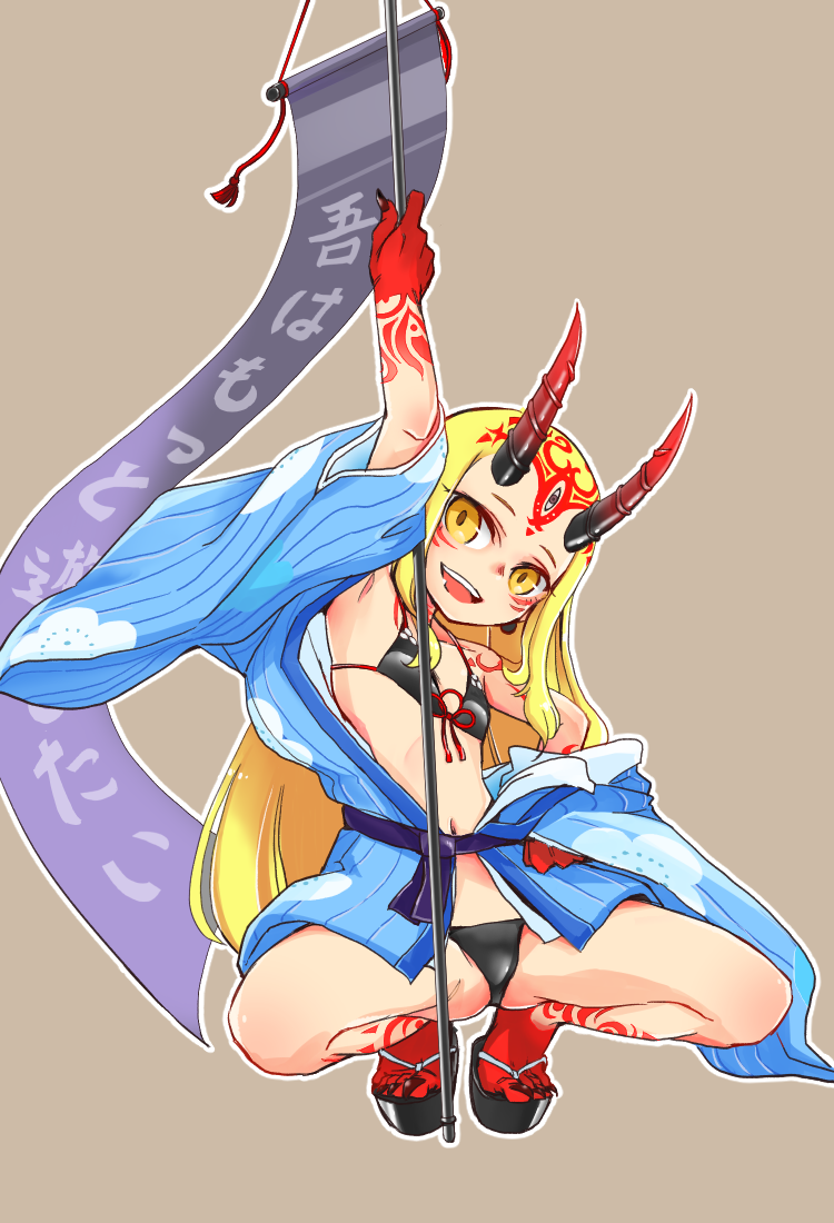 1girl :d armpits banner beige_background bikini black_bikini blonde_hair earrings facial_mark fate/grand_order fate_(series) galahad_01 hand_on_own_hip horns ibaraki_douji_(fate) ibaraki_douji_(fate/grand_order) ibaraki_douji_(swimsuit_lancer)_(fate) ibaraki_douji_(swimsuit_lancer)_(first_ascension)_(fate) japanese_clothes jewelry kimono long_hair looking_at_viewer nail_polish navel oni_horns open_clothes open_kimono open_mouth red_nails sandals sharp_toenails simple_background smile solo spread_legs squatting swimsuit tattoo teeth toenails yellow_eyes