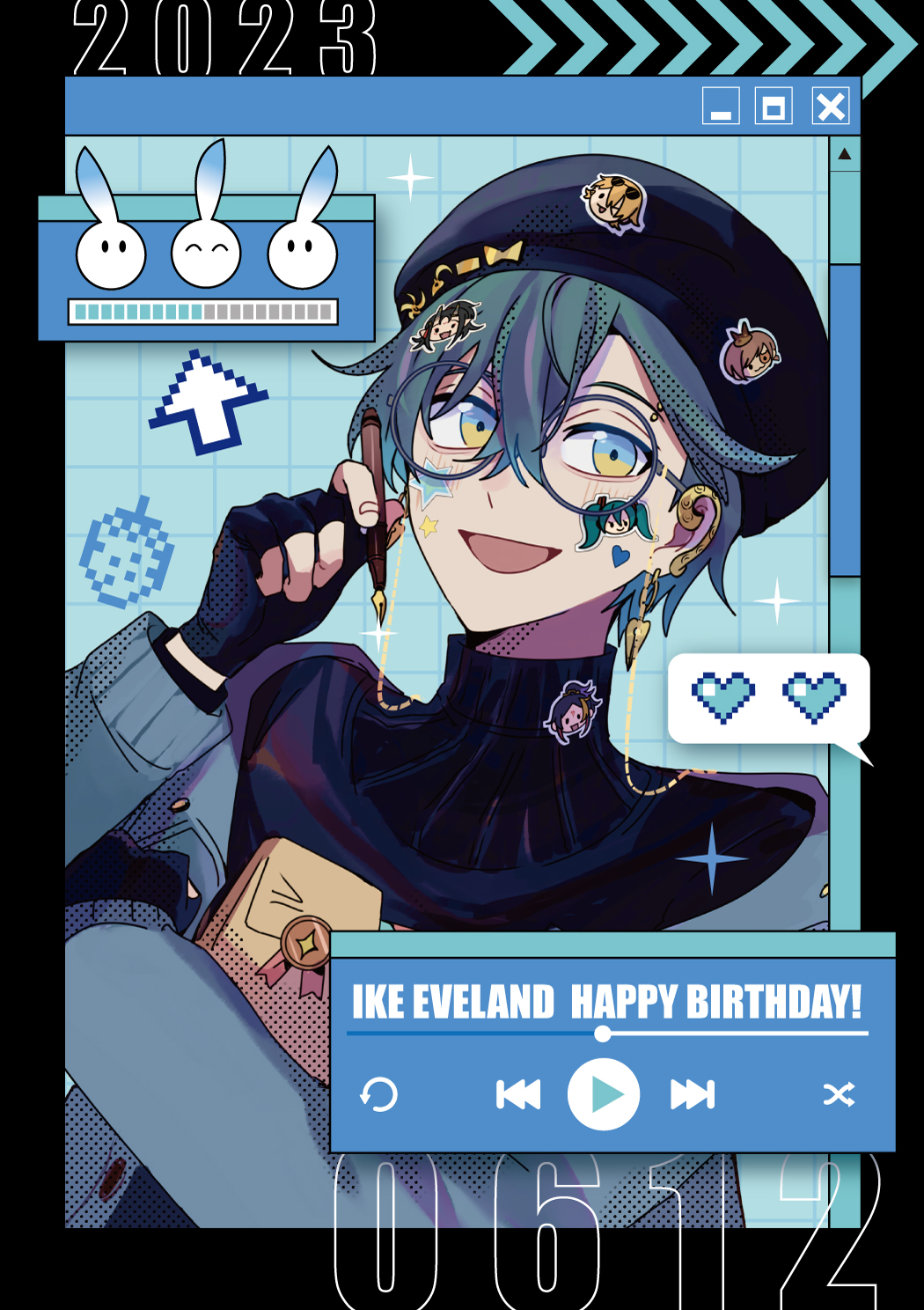 1boy 2023 beret black_border black_gloves black_sweater blue_eyes border bug_bbb character_name character_sticker dated earrings eyewear_strap fingerless_gloves glasses gloves gradient_eyes green_hair hair_between_eyes hand_up hat hatsune_miku highres ike_eveland ike_eveland_(2nd_costume) jacket jewelry looking_at_viewer luca_kaneshiro luxiem male_focus multicolored_eyes mysta_rias nib_pen_(object) nijisanji nijisanji_en open_clothes open_jacket open_mouth pen quilldren_(ike_eveland) round_eyewear shu_yamino smile solo star_sticker sticker_on_face sticker_on_hair sweater turtleneck turtleneck_sweater upper_body virtual_youtuber vocaloid vox_akuma window_(computing) yellow_eyes