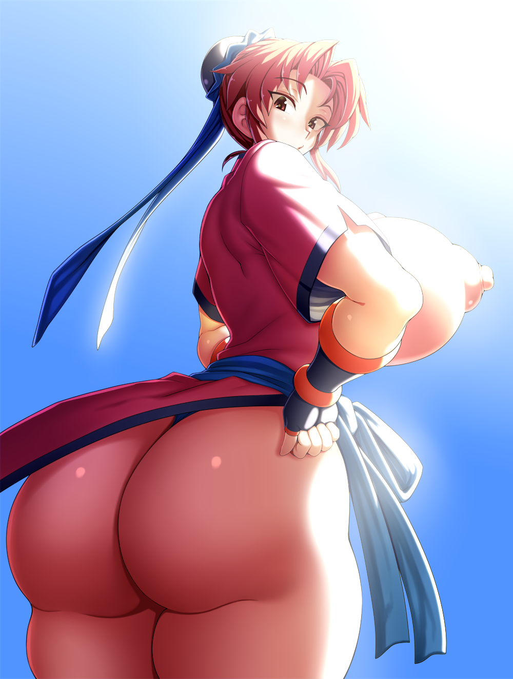 1girl ass blue_background blue_ribbon blush breasts breasts_out bun_cover chinese_clothes curvy desuroguma dragon_quest dragon_quest_dai_no_daibouken fingerless_gloves from_behind from_below gloves hair_bun hands_on_own_hips highres huge_ass huge_breasts looking_at_viewer looking_back looking_down maam nipples no_pants open_mouth pants parted_lips pink_eyes pink_hair ribbon shiny_clothes shiny_skin short_hair short_sleeves sideboob single_hair_bun solo thick_thighs thighs wide_hips