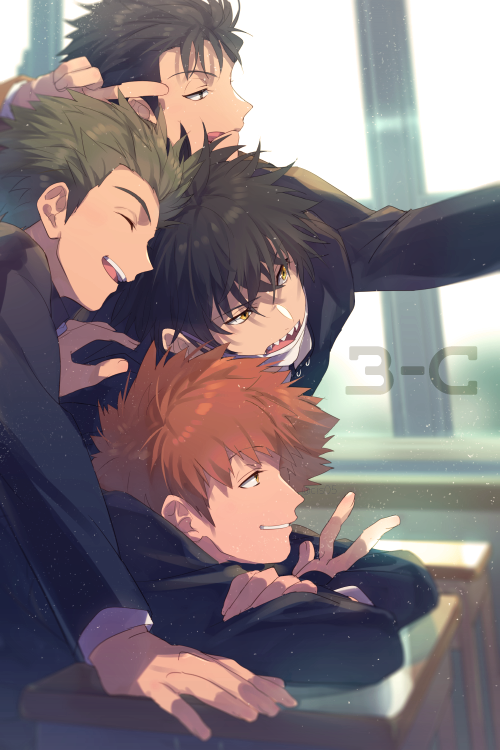 4boys :q ^_^ black_eyes black_hair blazer brown_hair classroom closed_eyes day dutch_angle echo_(circa) from_side grin hokari_atsushi indoors jacket kageura_masato laughing light_particles long_sleeves mask mizukami_satoshi_(world_trigger) mouth_mask multiple_boys murakami_kou outstretched_arm pointing profile red_hair school_uniform sharp_teeth smile spiked_hair table taking_picture teeth tongue tongue_out v world_trigger