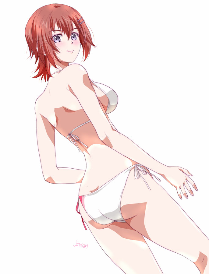 1girl ao_no_kiseki artist_name ass back bikini black_eyes breasts brown_hair double-parted_bangs eiyuu_densetsu from_behind hair_between_eyes looking_at_viewer medium_breasts noel_seeker short_hair simple_background smile solo swimsuit white_background white_bikini xiacheng_tatsuya zero_no_kiseki