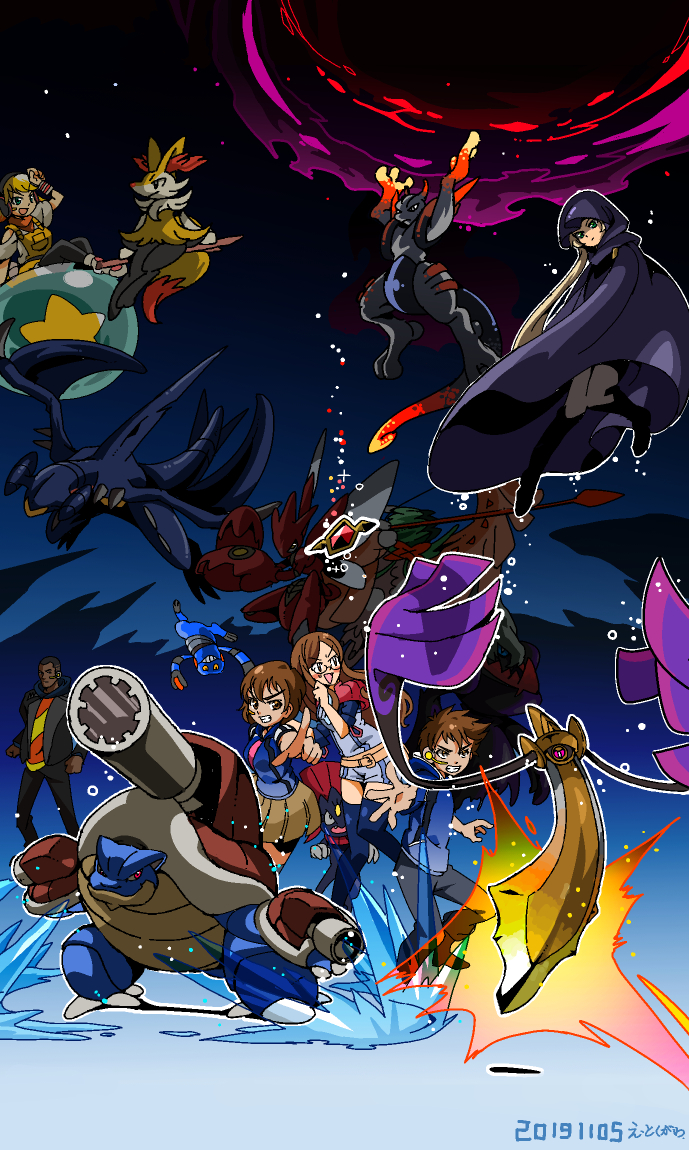 2boys 4girls aegislash blastoise blonde_hair braixen brown_hair cloak croagunk dark-skinned_male dark_skin darkrai decidueye garchomp gen_1_pokemon gen_2_pokemon gen_4_pokemon gen_6_pokemon gen_7_pokemon hood hooded_cloak legendary_pokemon mega_blastoise mega_pokemon mewtwo multiple_boys multiple_girls mythical_pokemon nia_(pokemon) nintendo outline pokemon pokemon_(creature) pokken_tournament pokken_tournament_dx scizor shadow_mewtwo suteki2success weavile white_outline