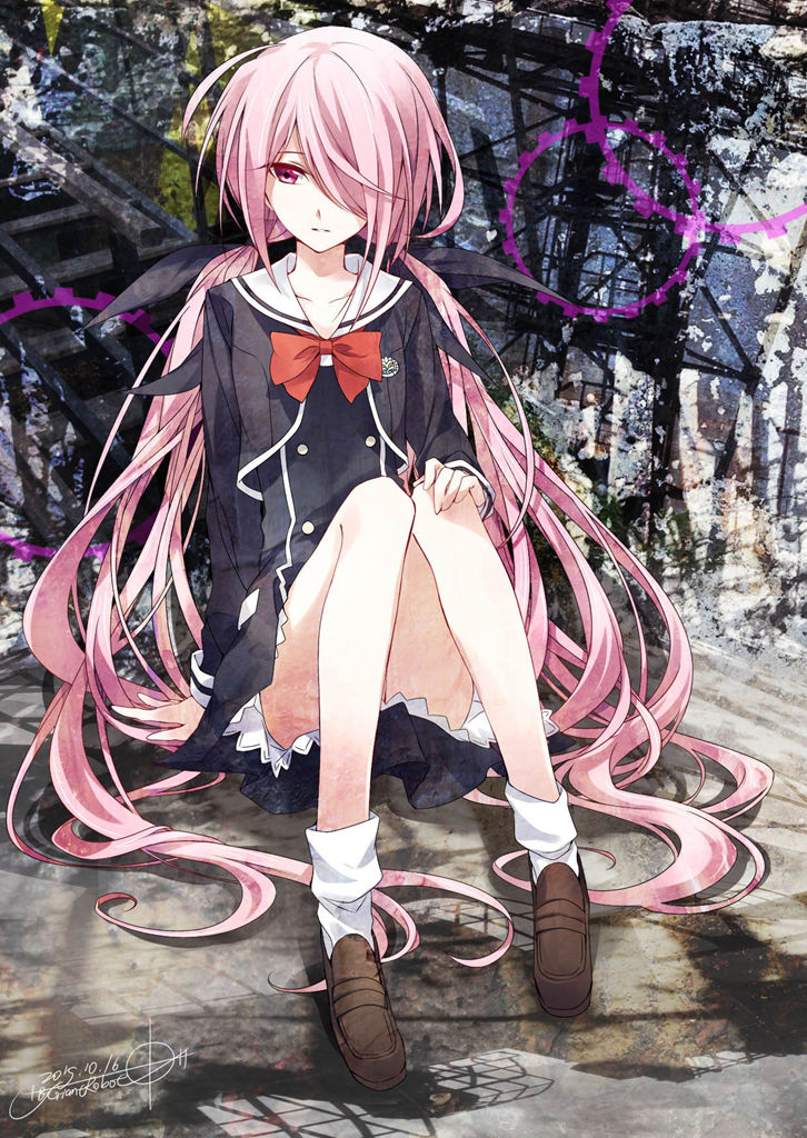 1girl bow breasts chaos;child chest_bow collarbone d_midiror dress dress_vest hair_bow hair_over_one_eye hair_ribbon hekiho_academy hekiho_academy_school_uniform jacket knees_together_feet_apart long_hair minamisawa_senri multiple_hair_bows pink_hair red_eyes ribbon school_emblem school_uniform small_breasts solo twintails