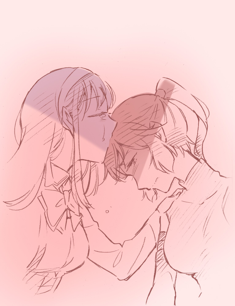 2girls assault_lily bow bowtie breasts brown_background closed_eyes closed_mouth collared_shirt commentary_request cropped_torso crying detached_sleeves from_side gradient_background hairband hand_on_another&#039;s_shoulder hand_up high_ponytail kishimoto_maria_mirai kiss kissing_head long_hair long_sleeves looking_at_another looking_down ludvico_private_girls&#039;_academy_school_uniform medium_breasts monochrome multiple_girls nagasawa_yuki_(assault_lily) odaiba_girls_high_school_uniform pink_background ponytail profile santouka school_uniform shade shirt sidelocks sleeveless sleeveless_shirt suspenders tears underbust upper_body yuri