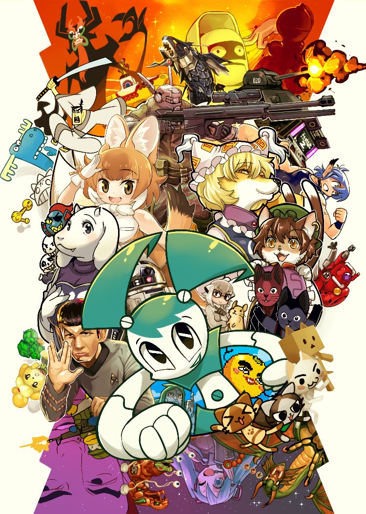 6+boys 6+girls aku_(samurai_jack) animal_crossing animal_ears appleseed arcade_cabinet artist_collaboration assault_rifle beatmania_iidx bemani bird black-framed_eyewear black_hair blonde_hair bob_cut box brown_hair cardboard_box cat cat_ears cat_girl character_request chen closed_mouth commentary_request copyright_request crossover danboo demon dhole_(kemono_friends) doctor_doom dragon earrings explosion eyepatch fangs fangs_out fantastic_four fox_girl frilled_hat frills furrification furry furry_female glasses gloves goat_girl green_headwear grey_shirt grin gun half-closed_eyes hamster happy_tree_friends hat hatsune_miku inoue_toro isabelle_(animal_crossing) jenny_wakeman jewelry katana kemono_friends kemono_friends_3 leex leonard_nimoy looking_at_viewer lumpy_(happy_tree_friends) m4_carbine marvel mayura mecha meerkat_(kemono_friends) military_vehicle mob_cap motor_vehicle multiple_boys multiple_crossover multiple_girls my_life_as_a_teenage_robot nintendo one_eye_closed open_mouth papyrus_(undertale) penguin penguin&#039;s_memory:_koufuku_monogatari r2-d2 rifle robot salute samurai_jack samurai_jack_(character) sans_(undertale) shirt short_hair single_earring slit_pupils smile sony spock star_trek star_trek:_the_original_series star_wars sword tank the_beatles toriel touhou tree undertale undyne upper_body v-shaped_eyebrows vocaloid vulcan_salute weapon white_background white_gloves white_headwear yakumo_ran yellow_submarine yotsubato!