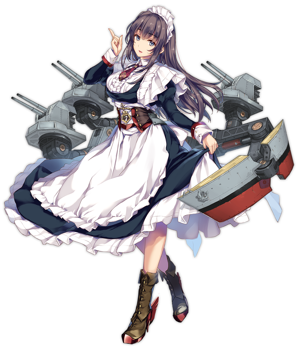1girl apron azur_lane blue_eyes blush boots breasts brown_boots cannon clothes_lift crossed_legs curacoa_(azur_lane) dress dress_lift female_focus frills full_body highres index_finger_raised juliet_sleeves large_breasts lifting_own_clothes long_hair long_sleeves maid maid_headdress monety official_art parted_lips puffy_sleeves purple_hair rigging rudder_footwear ship_turret sidelocks skirt_hold sleeve_cuffs smile solo transparent_background watson_cross