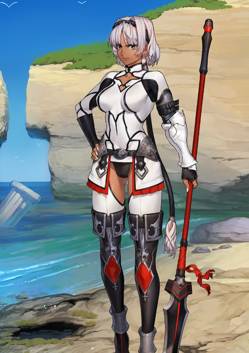 1girl above_cleavage_cutout arm_belt azusa_(hws) beach belt black_belt black_boots black_gloves black_hairband black_panties blue_eyes blue_sky boots breasts breasts_apart caenis_(fate) caenis_(first_ascension)_(fate) closed_mouth clothing_cutout collarbone covered_navel dark-skinned_female dark_skin expressionless fate/grand_order fate_(series) feet_out_of_frame fingerless_gloves fingernails game_cg gloves gluteal_fold hair_intakes hair_tubes hairband hand_on_own_hip high_collar holding holding_polearm holding_weapon impossible_clothes leggings long_hair long_sleeves looking_at_viewer low_ponytail official_art panties parted_bangs polearm ponytail shirt short_hair_with_long_locks sidelocks single_bracer sky solo spear standing thigh_boots thigh_cutout third-party_source underwear variant_set very_long_hair weapon white_hair white_leggings white_nails white_shirt