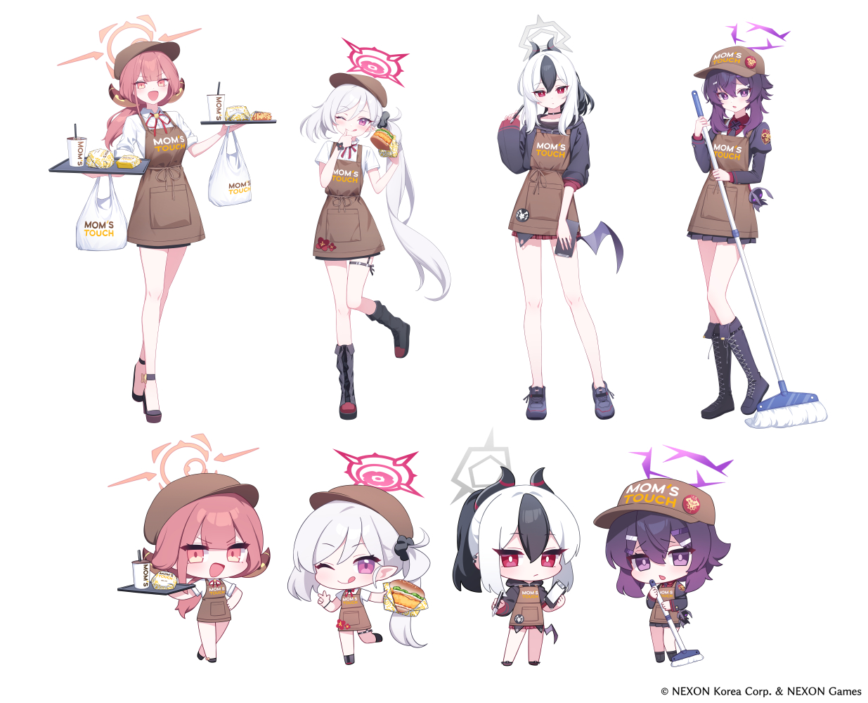 4girls apron aru_(blue_archive) black_hair blue_archive boots brown_apron deadnooodles demon_horns food full_body halo haruka_(blue_archive) hat high_heels horns juliet_sleeves kayoko_(blue_archive) knee_boots long_hair long_sleeves miniskirt mom's_touch mop multicolored_hair multiple_girls mutsuki_(blue_archive) official_art open_mouth pink_hair problem_solver_68_(blue_archive) puffy_sleeves purple_eyes purple_hair purple_halo red_eyes shirt short_sleeves skirt tray white_background white_hair white_shirt