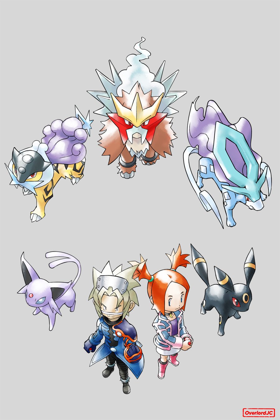 1boy 1girl boots entei espeon gen_2_pokemon highres legendary_pokemon nintendo overlord_jc pink_boots pokemon pokemon_colosseum raikou rui_(pokemon) sugimori_ken_(style) suicune umbreon wes_(pokemon)