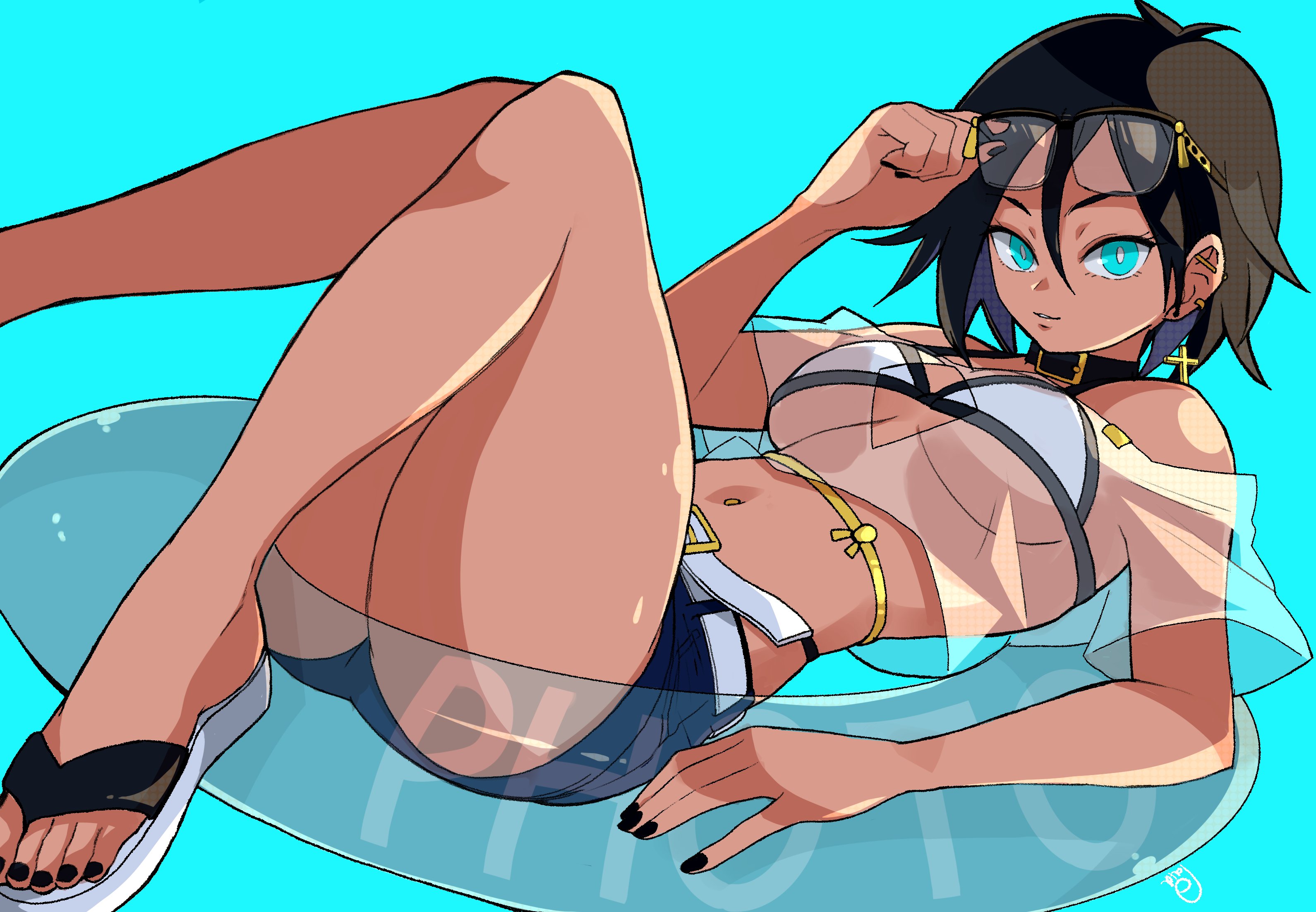 1girl alternate_skin_color animal_collar aqua_background aqua_eyes barbell_piercing belt bikini bikini_under_clothes black-framed_eyewear black_collar black_hair black_nails borrowed_character breasts collar commentary cropped_shirt cross cross_earrings dark-skinned_female dark_skin denim denim_shorts earrings english_commentary eyewear_on_head floating glasses highres innertube jewelry knees_together_feet_apart looking_at_viewer lying medium_breasts nail_polish narrow_waist navel navel_piercing off-shoulder_shirt off_shoulder on_back original piercing sandals second-party_source see-through_clothes see-through_shirt shirt short_hair shorts sol_(rollingroly) solo sushi_pizza_rrr swim_ring swimsuit tan toenail_polish toenails underboob white_belt white_bikini