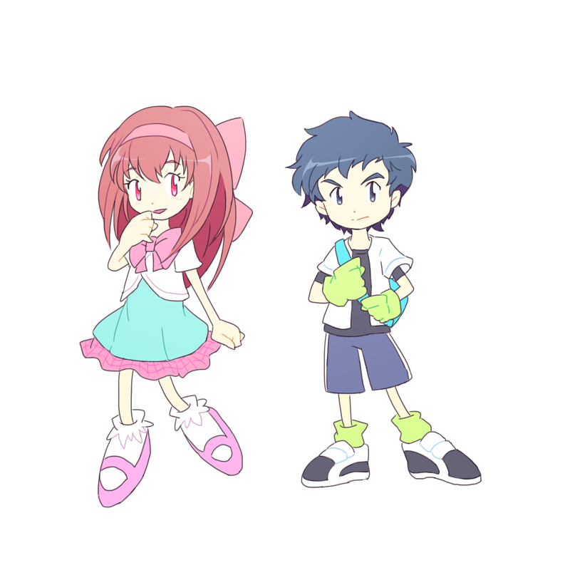 1boy 1girl blue_eyes blue_hair digimon digimon_story:_lost_evolution gloves red_eyes red_hair ribbon simple_background takuto_(digimon_story:_lost_evolution) white_background yui_(digimon)