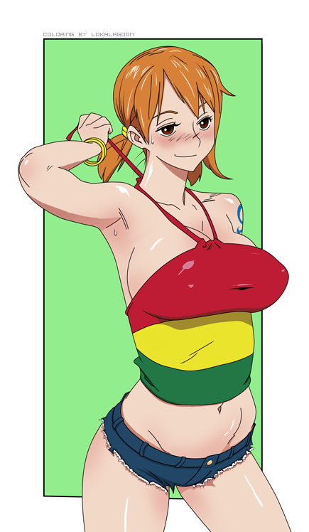 1girl bare_shoulders blush bobobo bracelet breasts brown_eyes crop_top female_focus jewelry large_breasts lokalagoon nami_(one_piece) navel one_piece one_piece:_strong_world ponytail shiny_skin short_hair short_shorts short_twintails shorts smile solo standing stomach tagme tattoo thighs twintails untying white_background