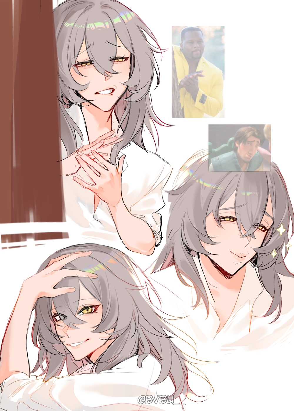 1girl anthony_adams_rubbing_hands_(meme) biting_own_lip bvbu closed_mouth collared_shirt commentary english_commentary flynn_rider grey_hair hair_between_eyes hand_on_own_head highres honkai:_star_rail honkai_(series) long_hair looking_at_viewer meme multiple_views own_hands_together photo_inset reference_inset rubbing_hands_together shirt smile sparkle stelle_(honkai:_star_rail) teeth trailblazer_(honkai:_star_rail) twitter_username upper_body white_background white_shirt yellow_eyes
