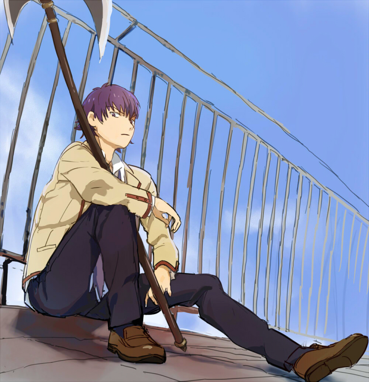 1boy against_railing angel_beats! black_pants blue_sky brown_shoes closed_mouth halberd holding holding_polearm holding_weapon knee_up loafers long_sleeves looking_at_viewer male_focus mitosa noda_(angel_beats!) outdoors pants polearm purple_hair railing rooftop school_uniform shoes short_hair sitting sky solo weapon