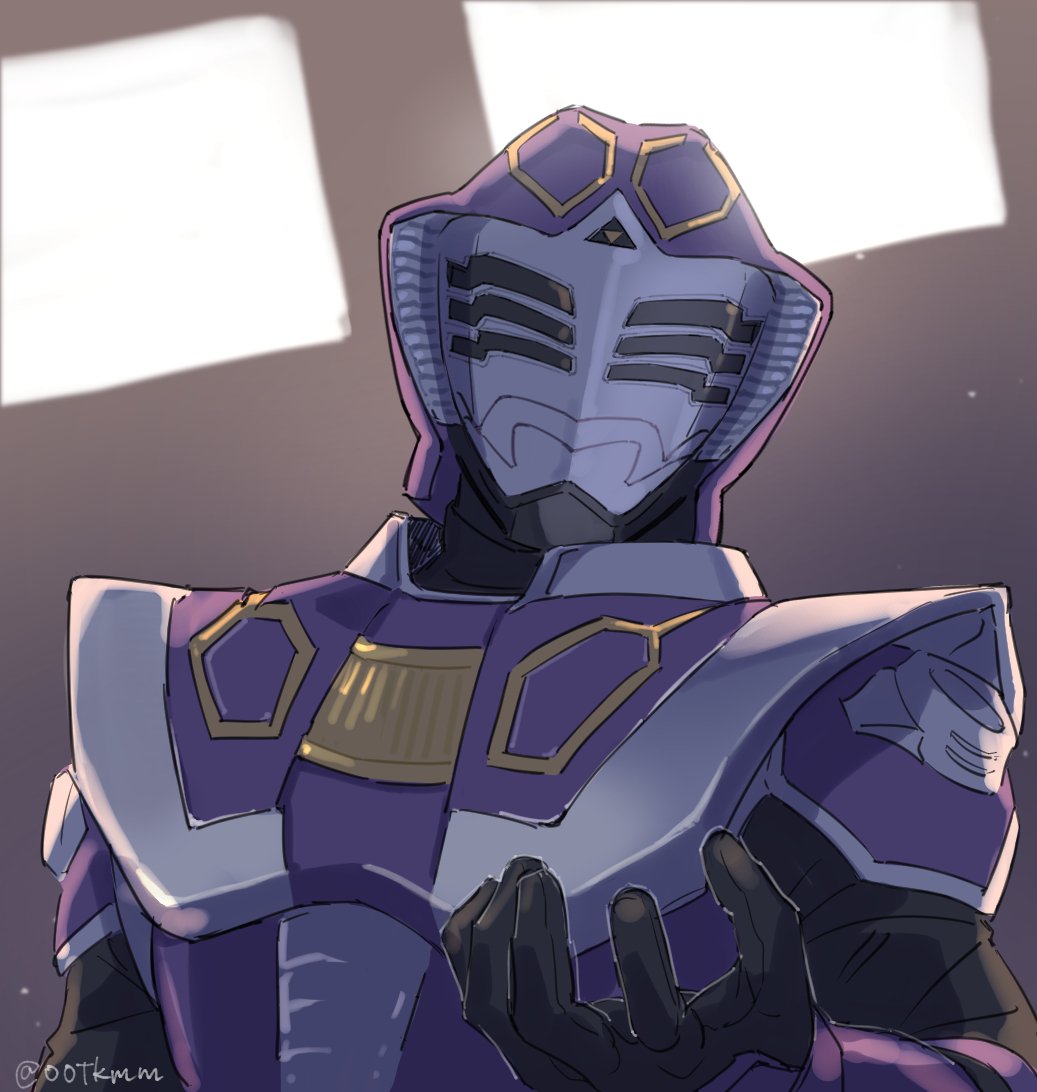 1boy armor black_gloves cobra_(animal) commentary gloves helmet kamen_rider kamen_rider_ouja kamen_rider_ryuki_(series) light looking_at_viewer male_focus mecha_pilot_suit ootkmm open_hand plugsuit_(evangelion) purple_armor purple_headwear shade shadow symbol-only_commentary twitter_username upper_body