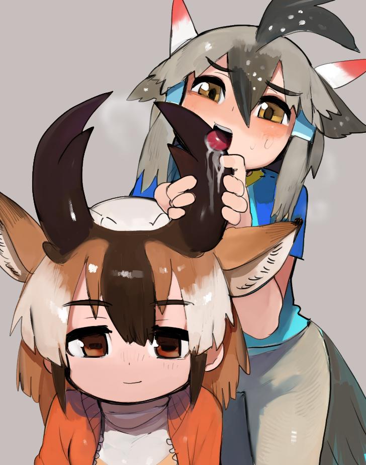 2girls animal_ears bird_tail bird_wings black_hair black_horns blue_shirt breath brown_hair closed_mouth feather_hair_ornament feathers greater_roadrunner_(kemono_friends) grey_background grey_hair grey_tail grey_wings hair_between_eyes hair_ornament hair_tubes head_wings horizontal_pupils horns jacket jpeg_artifacts kemono_friends kemono_friends_2 licking licking_horn multicolored_hair multiple_girls open_clothes open_jacket open_mouth orange_jacket pronghorn_(kemono_friends) raichiyo red_eyes saliva shirt short_hair short_sleeves simple_background smile tail teeth tongue tongue_out unzipped upper_teeth_only white_hair wings yellow_eyes zipper