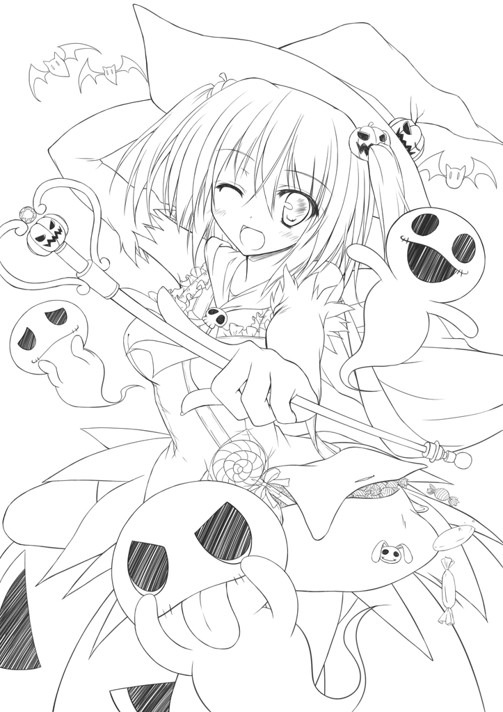 1girl bat_(animal) blush breasts candy female_focus food ghost greyscale halloween hat jack-o&#039;-lantern kurumi_(suien) lineart looking_at_viewer medium_breasts monochrome one_eye_closed open_mouth original smile solo suien wink witch_hat