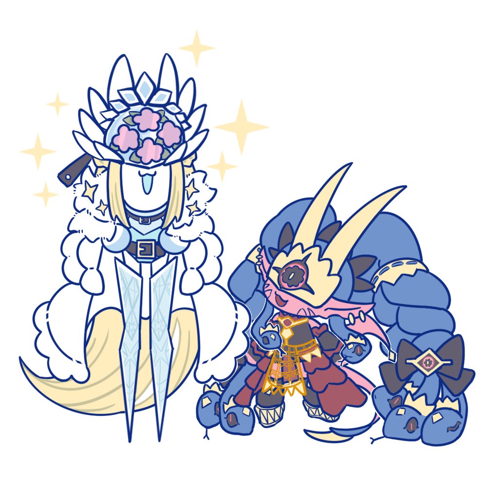 cendrillmon crown digimon digimon_(creature) earrings jewelry looking_at_another mask medusamon pointy_ears snake snake_hair sparkle yagi_kiki
