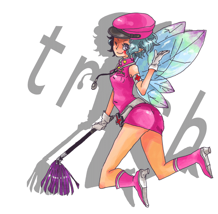 1girl atlus bad_id bad_pixiv_id belt blue_hair boots fairy female_focus gloves hat looking_at_viewer looking_back nurse one_eye_closed persona persona_1 persona_2 short_hair simple_background solo ten ten_(ch) trish_(persona) white_background wings wink