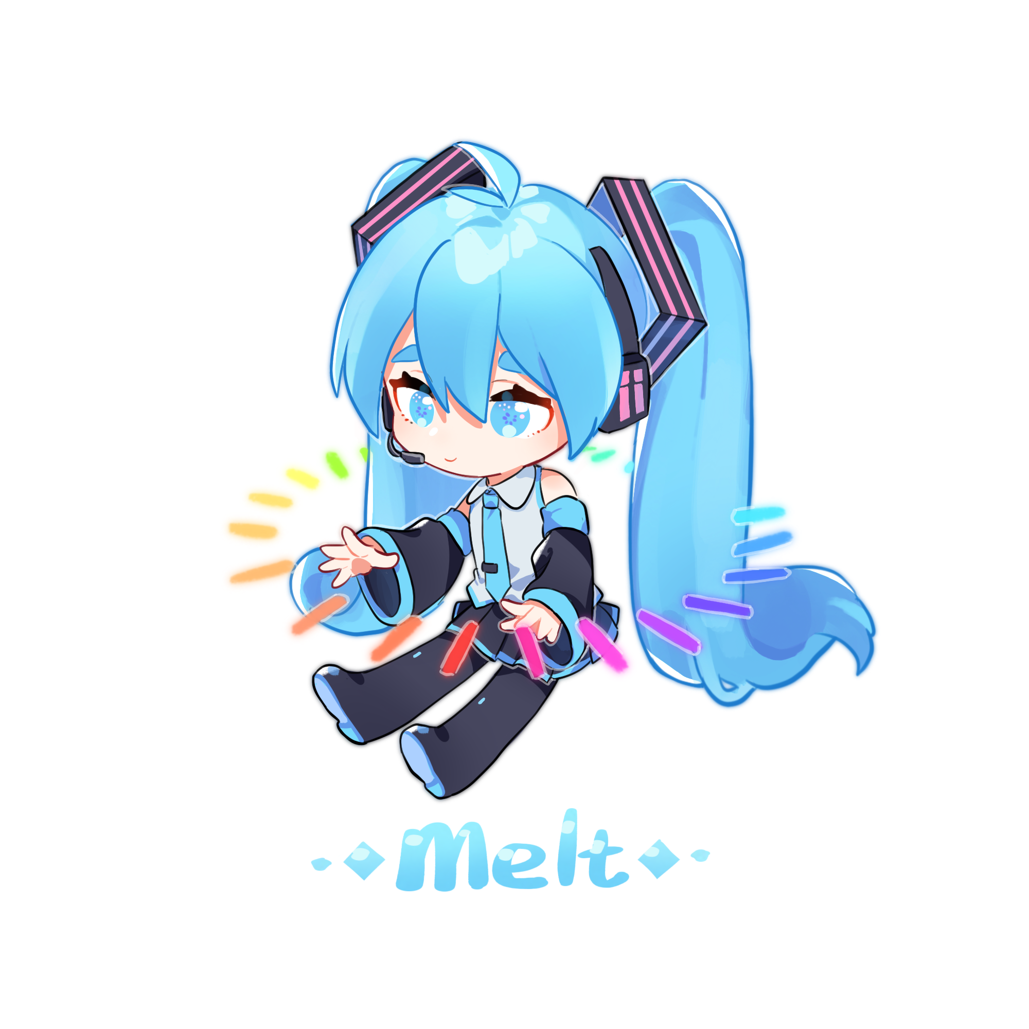 1girl antenna_hair arin_(fanfan013) black_boots black_skirt black_sleeves blue_eyes blue_hair blue_necktie boots chinese_commentary closed_mouth collared_shirt commentary_request detached_sleeves floating full_body grey_shirt hair_ornament hands_up hatsune_miku headset highres long_hair melt_(vocaloid) necktie open_hands outstretched_arms outstretched_legs piano_keys pleated_skirt rainbow_order shirt skirt sleeveless sleeveless_shirt smile solo song_name thick_eyebrows thigh_boots tie_clip transparent_background twintails very_long_hair vocaloid