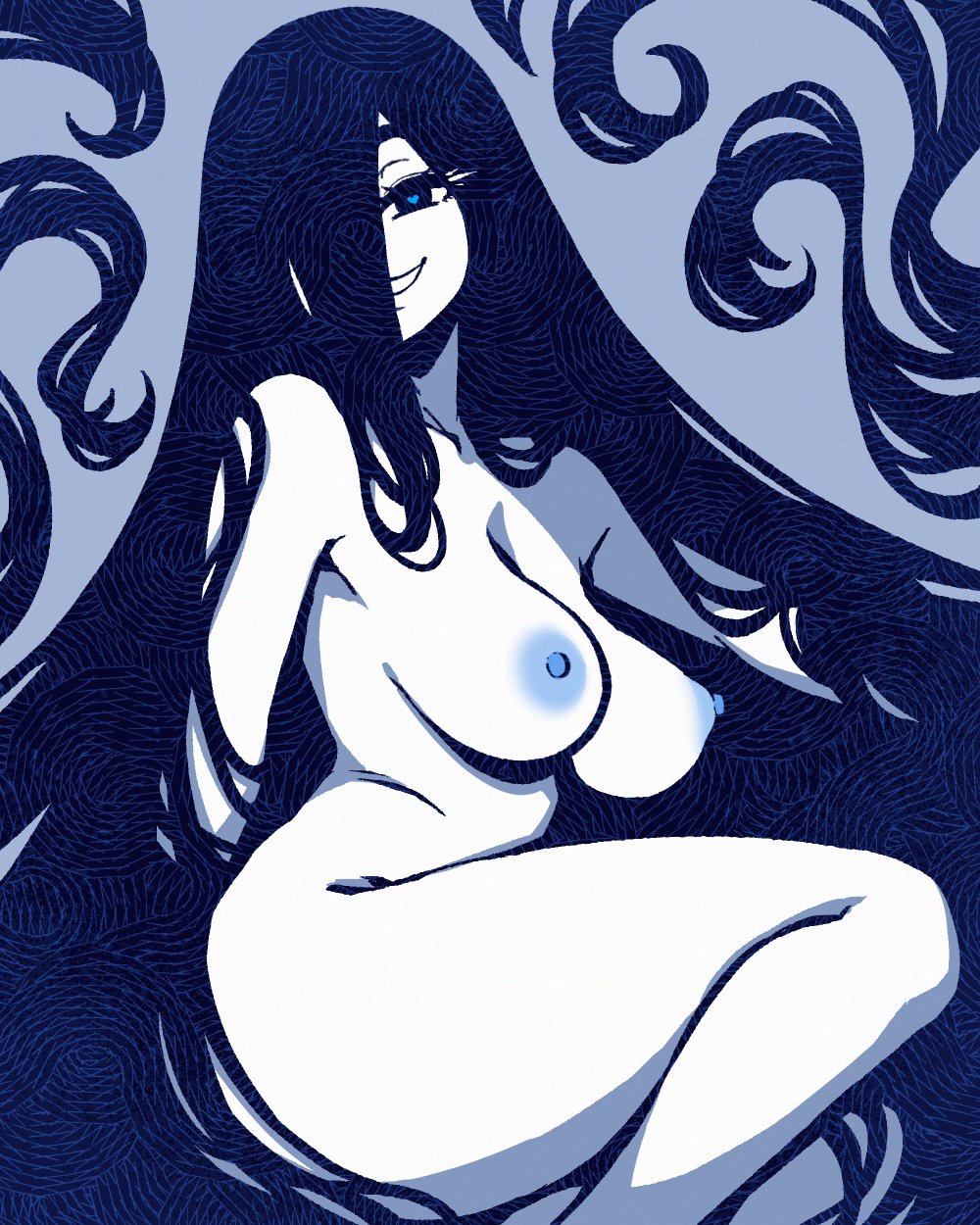 1girl absurdly_long_hair akairiot alt_text black_hair breasts commentary english_commentary hair_over_one_eye heart heart-shaped_pupils highres large_breasts long_hair looking_at_viewer nipples nude original simple_background smile solo symbol-shaped_pupils very_long_hair