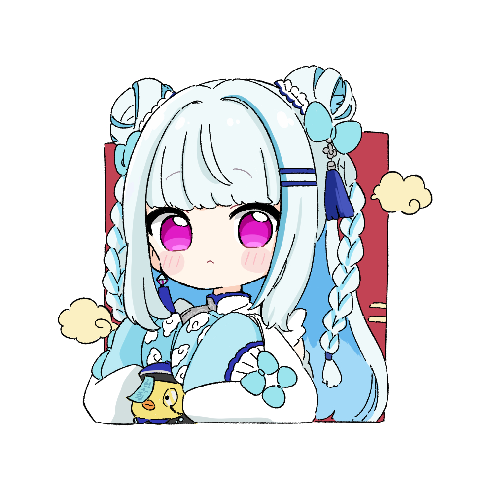 1girl :&lt; blue_bow blue_hair blue_hat blush_stickers bow braid chibi china_dress chinese_clothes closed_mouth commentary double_bun dress grey_hair hair_bow hair_bun hat lize_helesta lize_helesta_(11th_costume) long_sleeves monocle multicolored_hair nijisanji nozo_(hitomiz) ofuda purple_eyes qingdai_guanmao red_background sebastian_piyodore solo_focus twin_braids two-tone_background two-tone_hair white_background white_dress