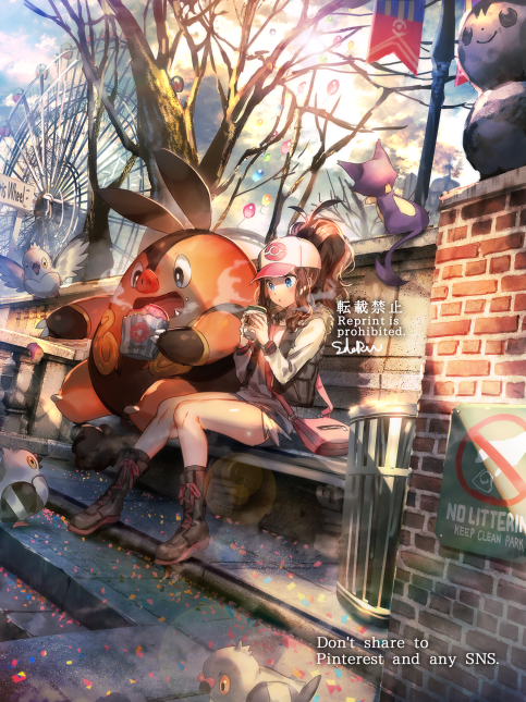 1girl bad_id bad_pixiv_id bag baseball_cap brown_hair denim denim_shorts emolga english_text gen_5_pokemon hat hilda_(pokemon) long_hair naru_(andante) nintendo open_mouth pidove pignite pokemon pokemon_(creature) pokemon_bw ponytail purrloin short_shorts shorts sitting smile