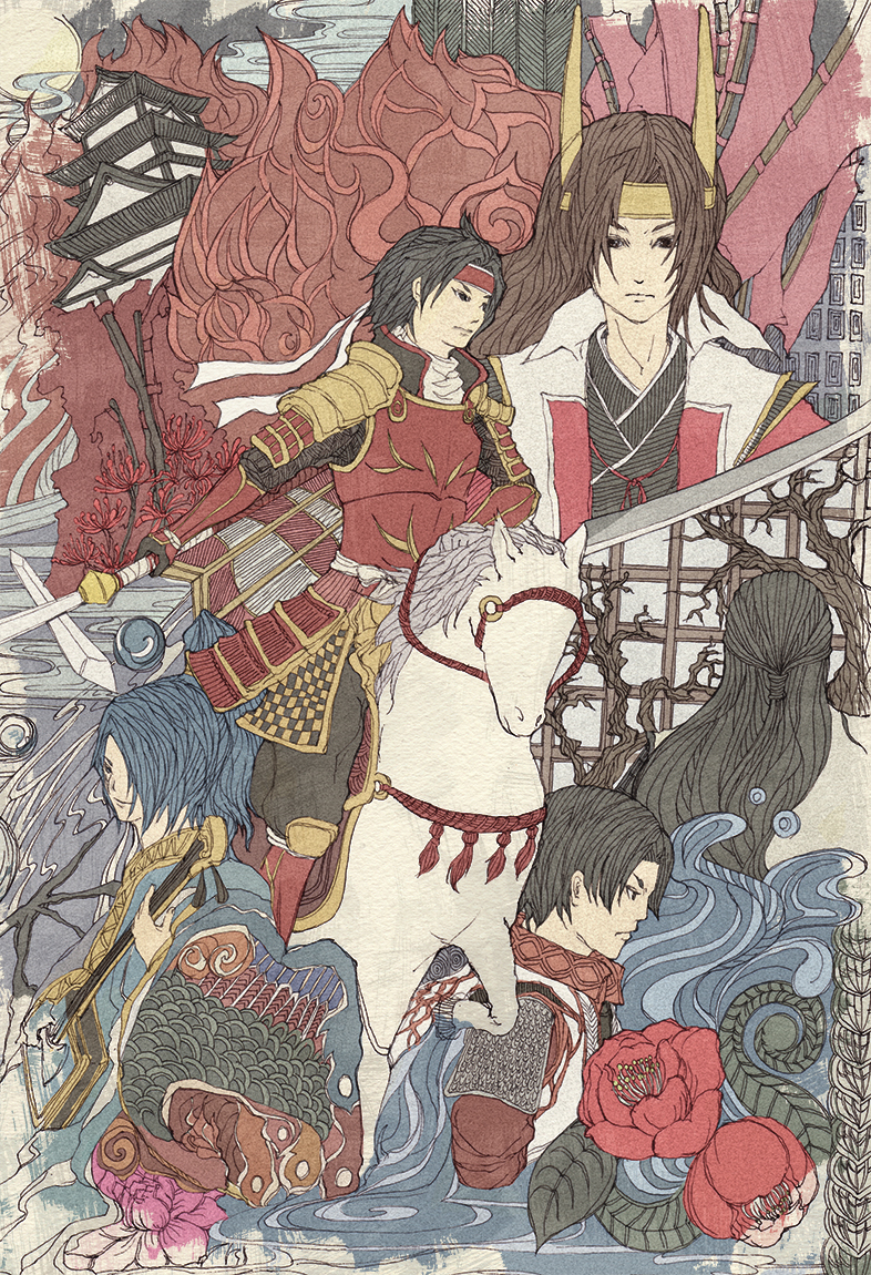 armor black_hair castle chosokabe_motochika fine_art_parody fire headband horse instrument ishida_mitsunari male_focus naoe_kanetsugu nihonga parody sanada_yukimura_(sengoku_musou) sengoku_musou shamisen shima_sakon ukiyo-e