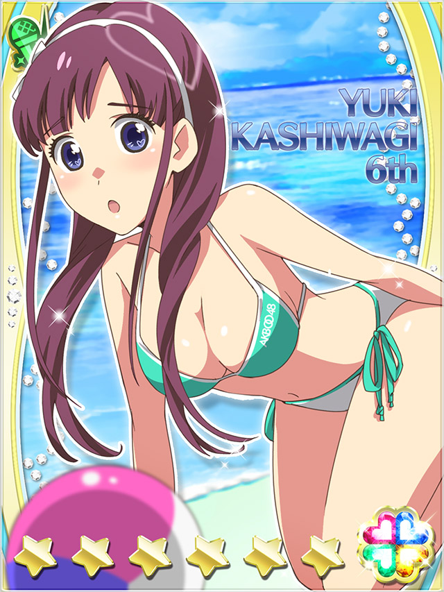 1girl :o akb0048 arm_support ball beach beachball bikini blue_eyes blurry breasts card_(medium) character_name closed_mouth depth_of_field dutch_angle feet_out_of_frame green_bikini hairband halterneck heart kashiwagi_yuki_(akb0048) kneeling long_hair navel non-web_source ocean official_art open_mouth outdoors purple_hair side-tie_bikini_bottom sidelocks solo sparkle star_(symbol) string_bikini swimsuit three_quarter_view white_hairband