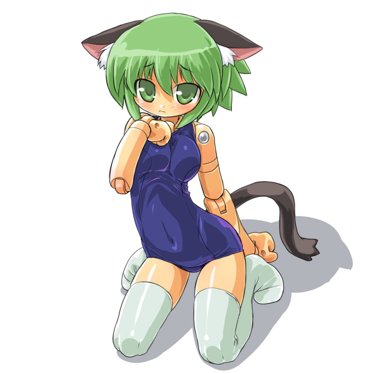 10s 1girl animal_ears bad_id bad_pixiv_id busou_shinki cat_ears cat_tail dd_(ijigendd) doll_joints female_focus green_eyes green_hair joints maochao matching_hair/eyes one-piece_swimsuit school_swimsuit shiny_clothes simple_background solo swimsuit tail thighhighs