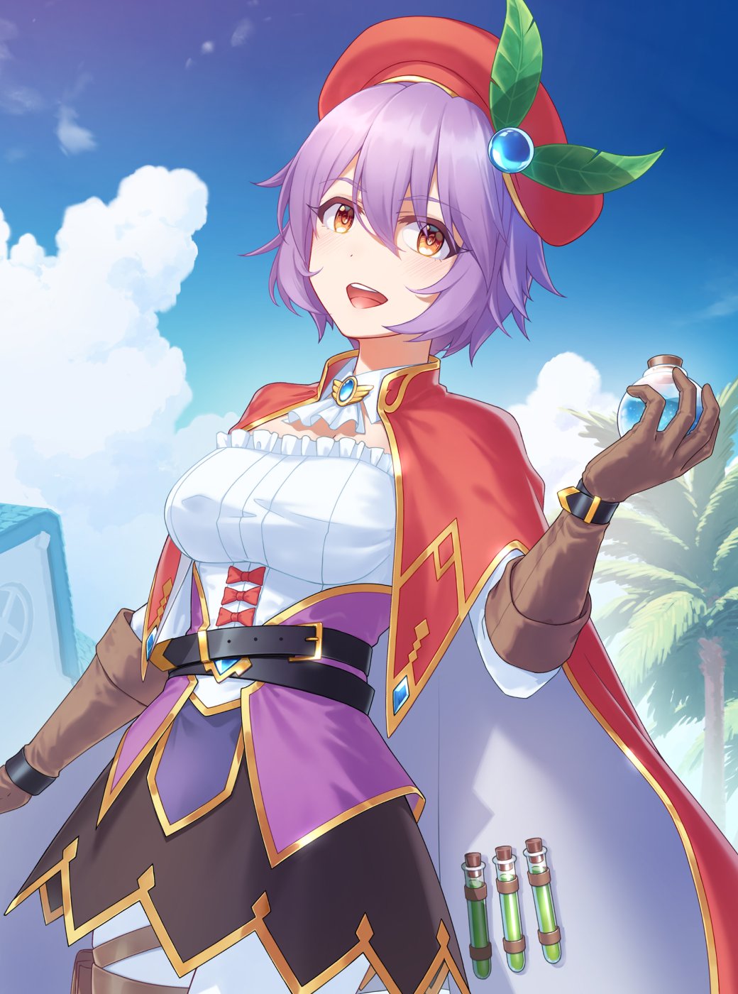1girl artist_request belt beret biolo_(ragnarok_online) black_belt black_skirt blue_brooch blue_sky blush bow breasts brown_eyes brown_gloves cape cleavage cloud commentary_request cowboy_shot flask gloves hair_between_eyes hat hat_ornament highres holding holding_flask leaf_hat_ornament long_bangs looking_at_viewer medium_breasts open_mouth outdoors palm_tree pants purple_hair ragnarok_online red_bow red_cape red_hat round-bottom_flask second-party_source shirt short_hair skirt sky smile solo tree two-sided_cape two-sided_fabric white_cape white_pants white_shirt