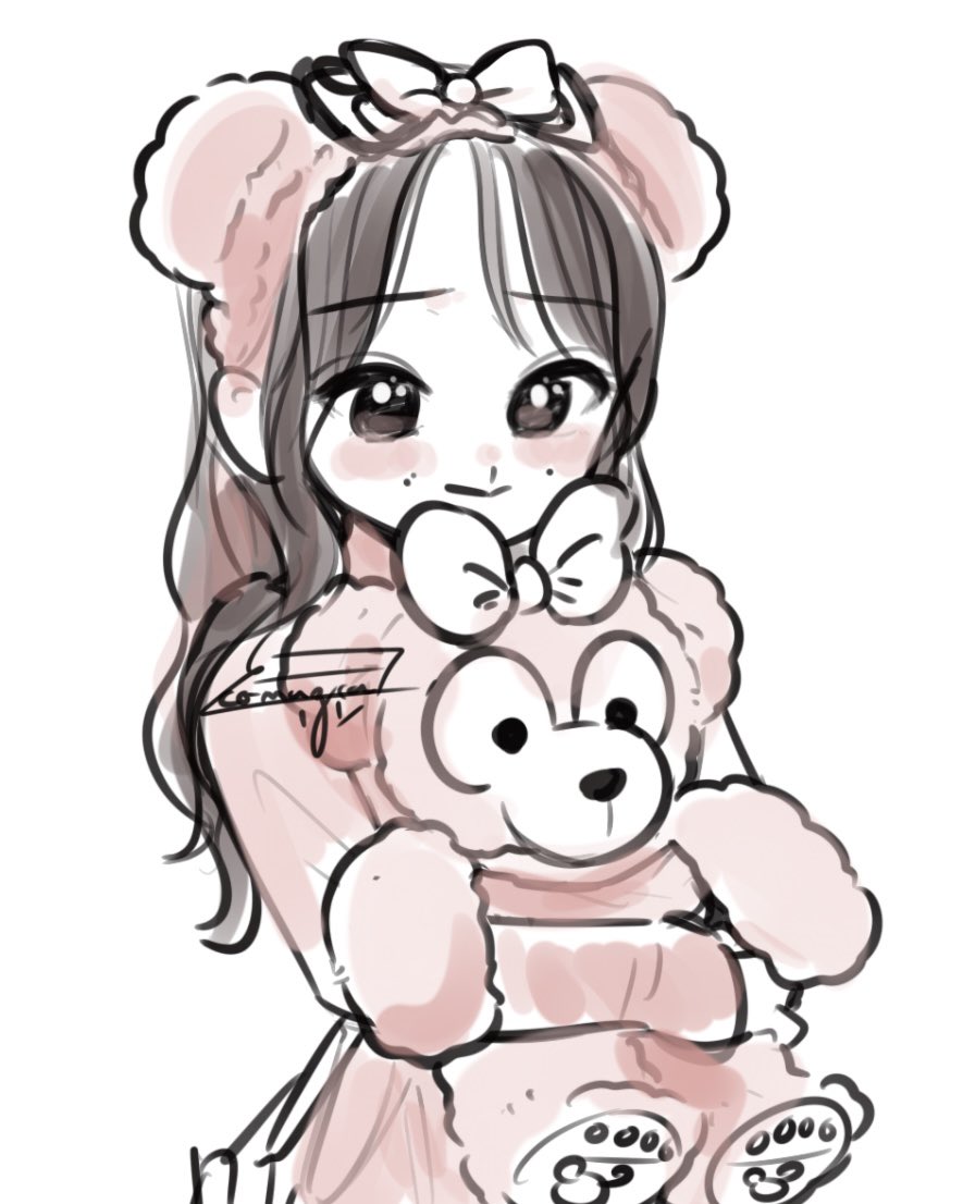 1girl actor animal_ears artist_name bear_ears black_eyes blush bow brown_hair closed_mouth commentary_request fake_animal_ears fur_hairband hair_bow hairband hand_up holding holding_stuffed_toy hugging_doll hugging_object komuzuka long_hair long_sleeves looking_ahead mole mole_above_mouth nakamura_yukari_(voice_actor) pink_hairband pink_shirt real_life shirt signature simple_background solo stuffed_animal stuffed_toy teddy_bear upper_body white_background white_bow