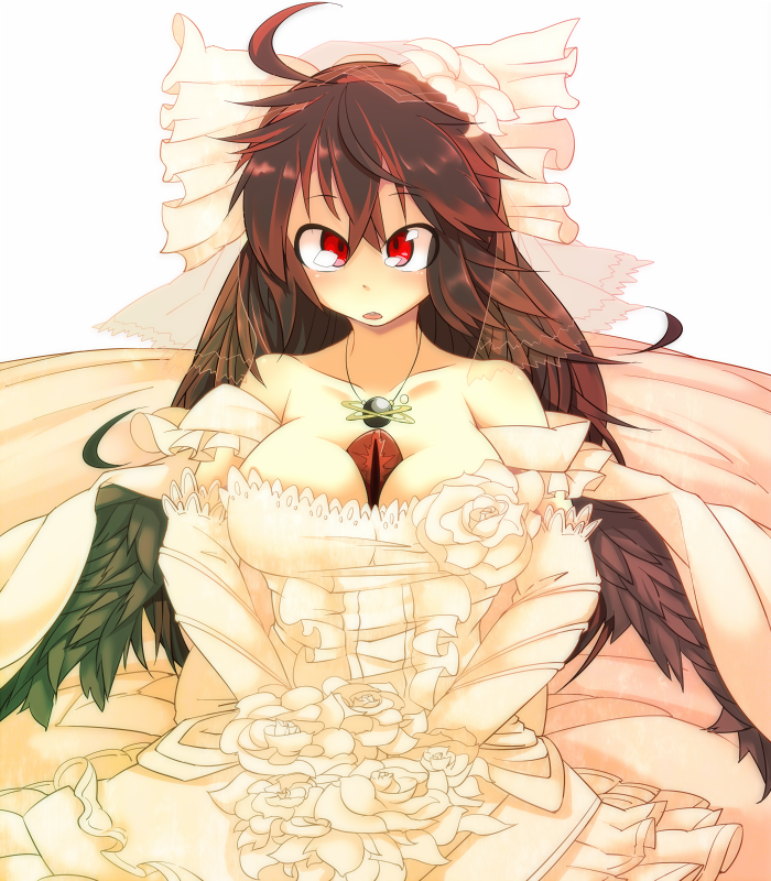 1girl blush bouquet bow breasts bridal_veil bride brown_hair cleavage cross-eyed dress elbow_gloves female_focus flower gloves hair_bow hair_flower hair_ornament large_breasts long_hair red_eyes reiuji_utsuho solo third_eye touhou veil wedding_dress wings yadokari yadokari_(yadokani)