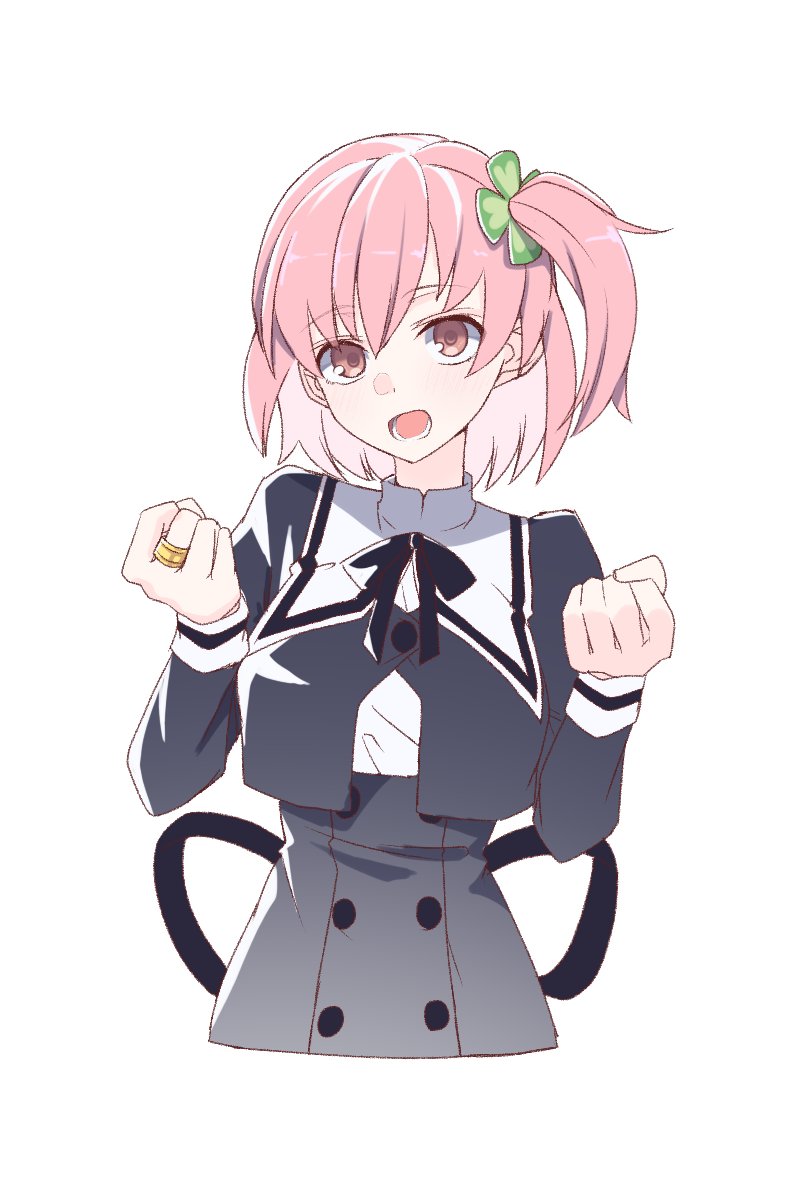 1girl :d assault_lily black_ribbon black_skirt breasts buttons clenched_hands clover_hair_ornament commentary cropped_jacket cropped_torso four-leaf_clover_hair_ornament gumoyu hair_between_eyes hair_ornament hands_up high-waist_skirt highres hitotsuyanagi_riri jewelry light_blush long_sleeves looking_at_viewer lower_teeth_only medium_breasts neck_ribbon one_side_up open_mouth pink_eyes pink_hair ribbon ring school_uniform shirt short_hair simple_background skirt smile solo teeth upper_body w_arms white_background white_shirt yurigaoka_girls_academy_school_uniform
